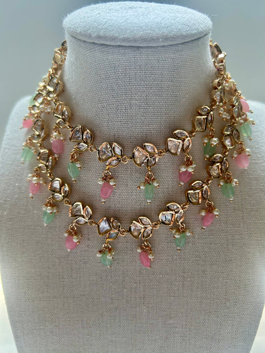 Tyaani Kundan Mint & Pink Two Layer Choker Set