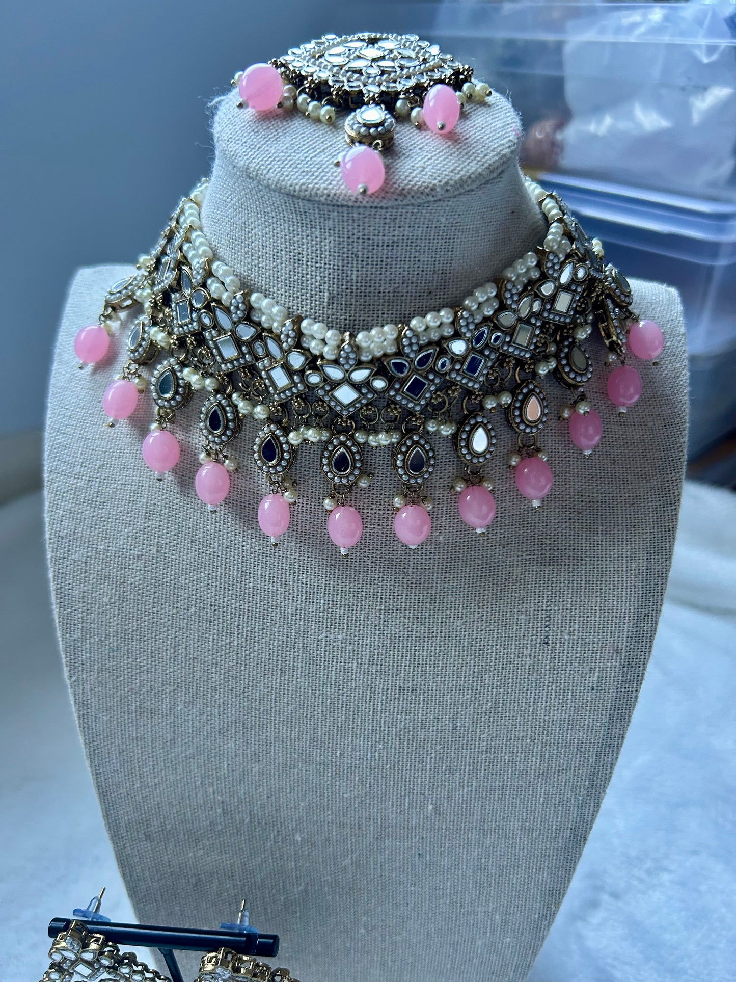 Pink Mirror Choker Tikka Set