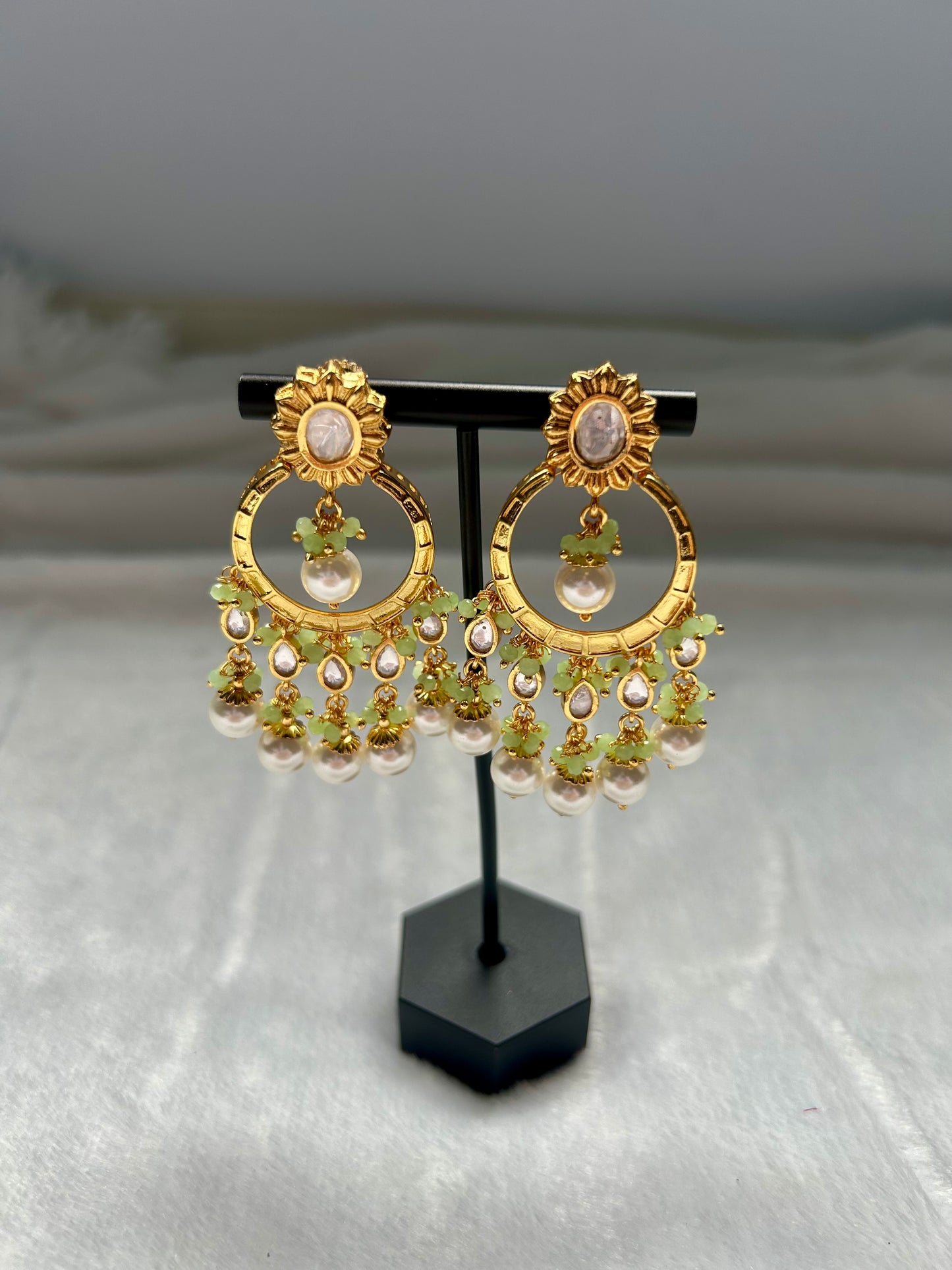Mint Green Gold Crafted Chandbali Earrings