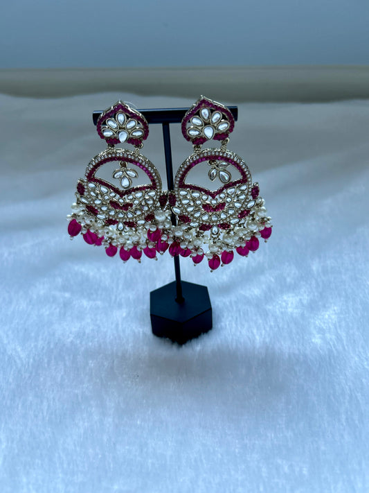 Pakistani Inspired Hot Pink Kundan Earrings