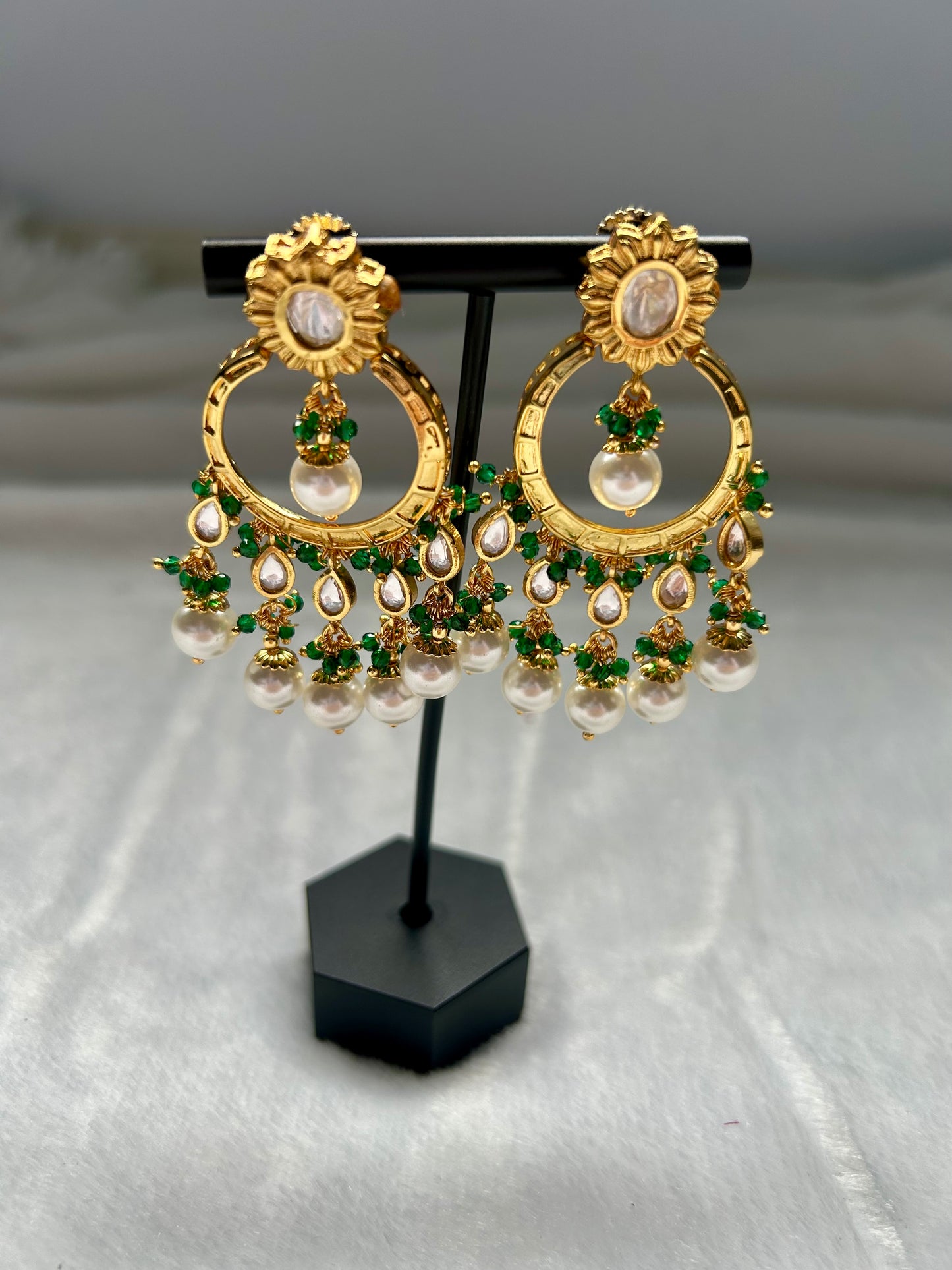 Emerald Green Gold Crafted Chandbali Earrings