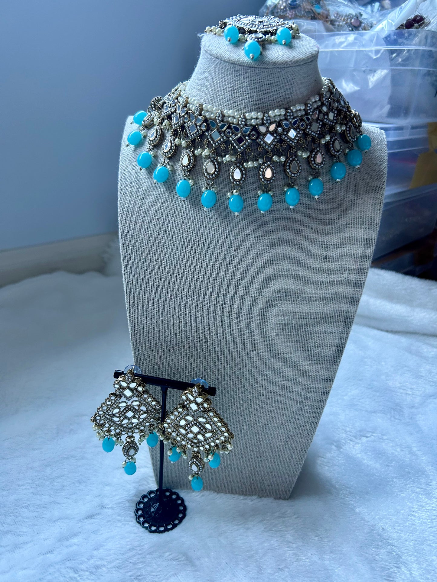 Baby Blue Mirror Choker Tikka Set