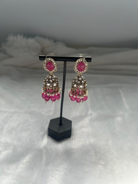 Hot Pink Kundan Jhumki Earrings