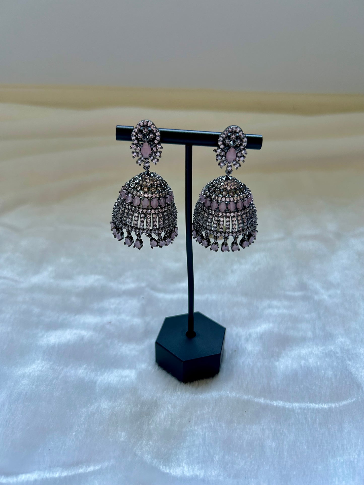 AD Oxidized Pink Jhumka Earrings