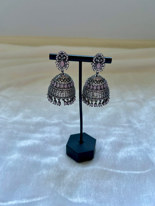 AD Oxidized Pink Jhumka Earrings