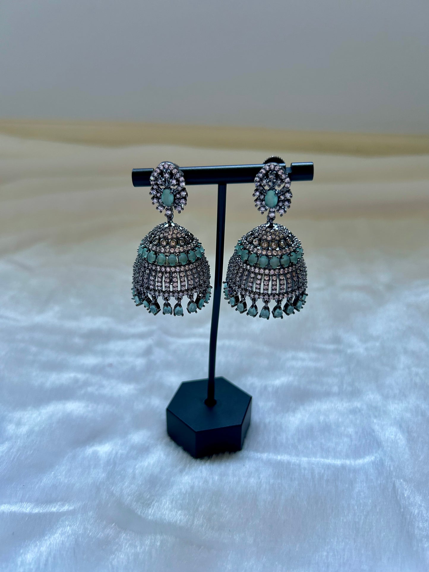 AD Oxidized Mint Jhumka Earrings