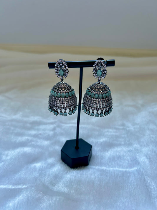 AD Oxidized Mint Jhumka Earrings
