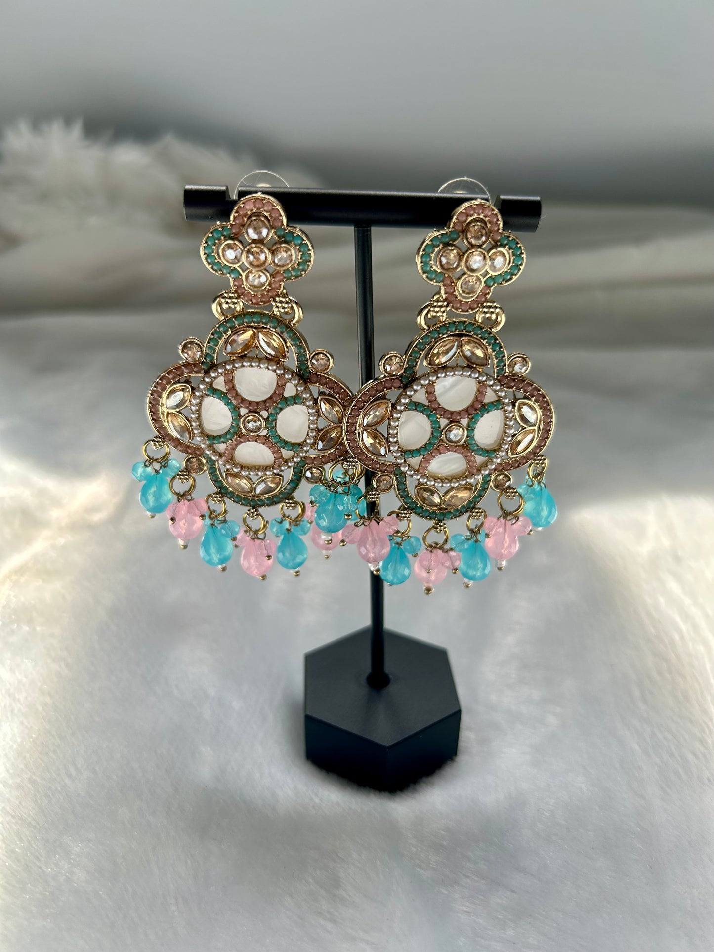 Light Pink & Blue Polki Earrings