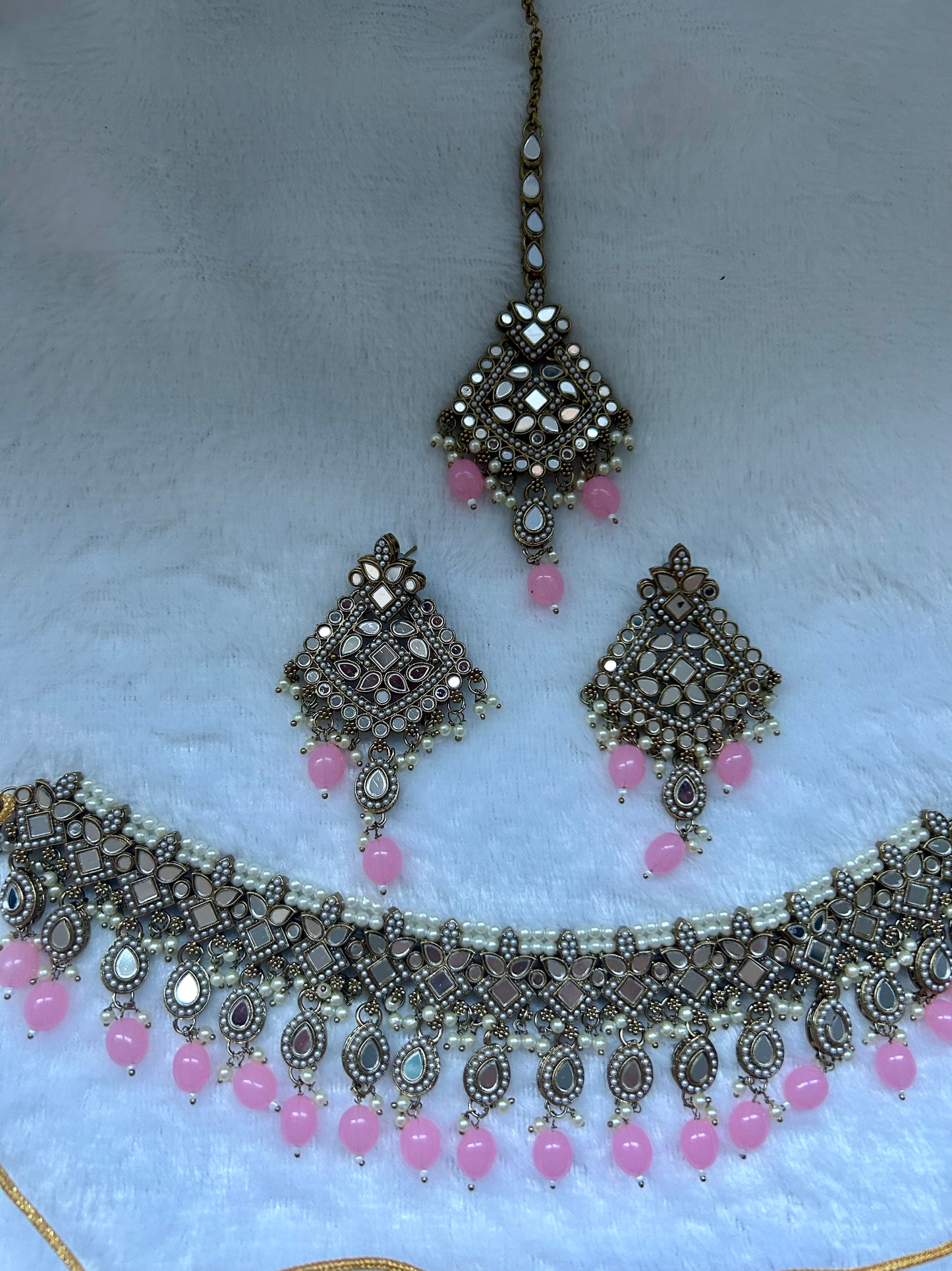 Pink Mirror Choker Tikka Set