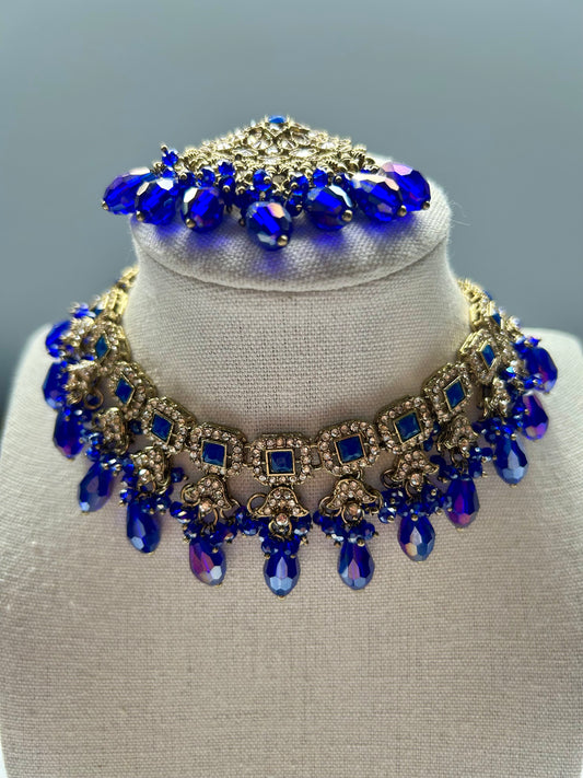 Royal Blue Polki Choker Tikka Set
