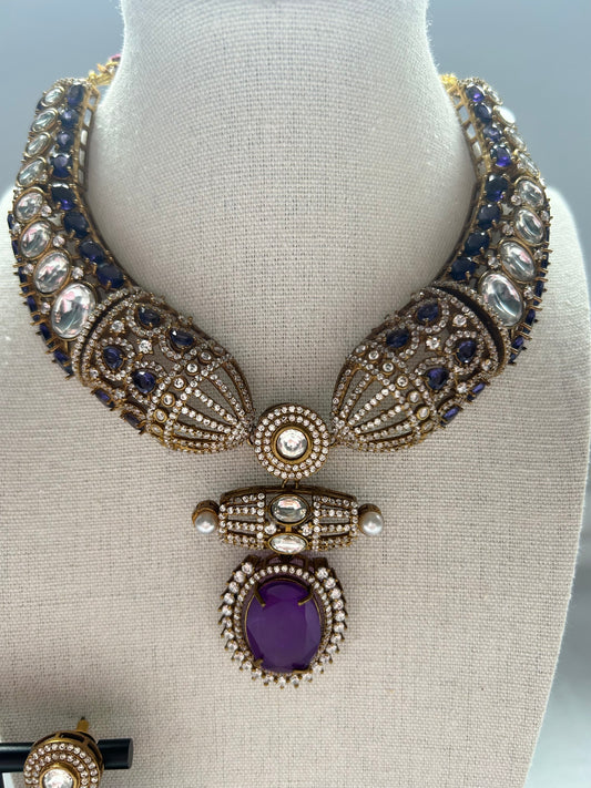 Purple Moissanite Kundan & Doublet Necklace Set