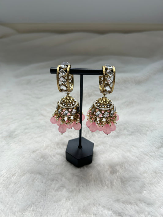 Pink Cuff Kundan Jhumka Earrings