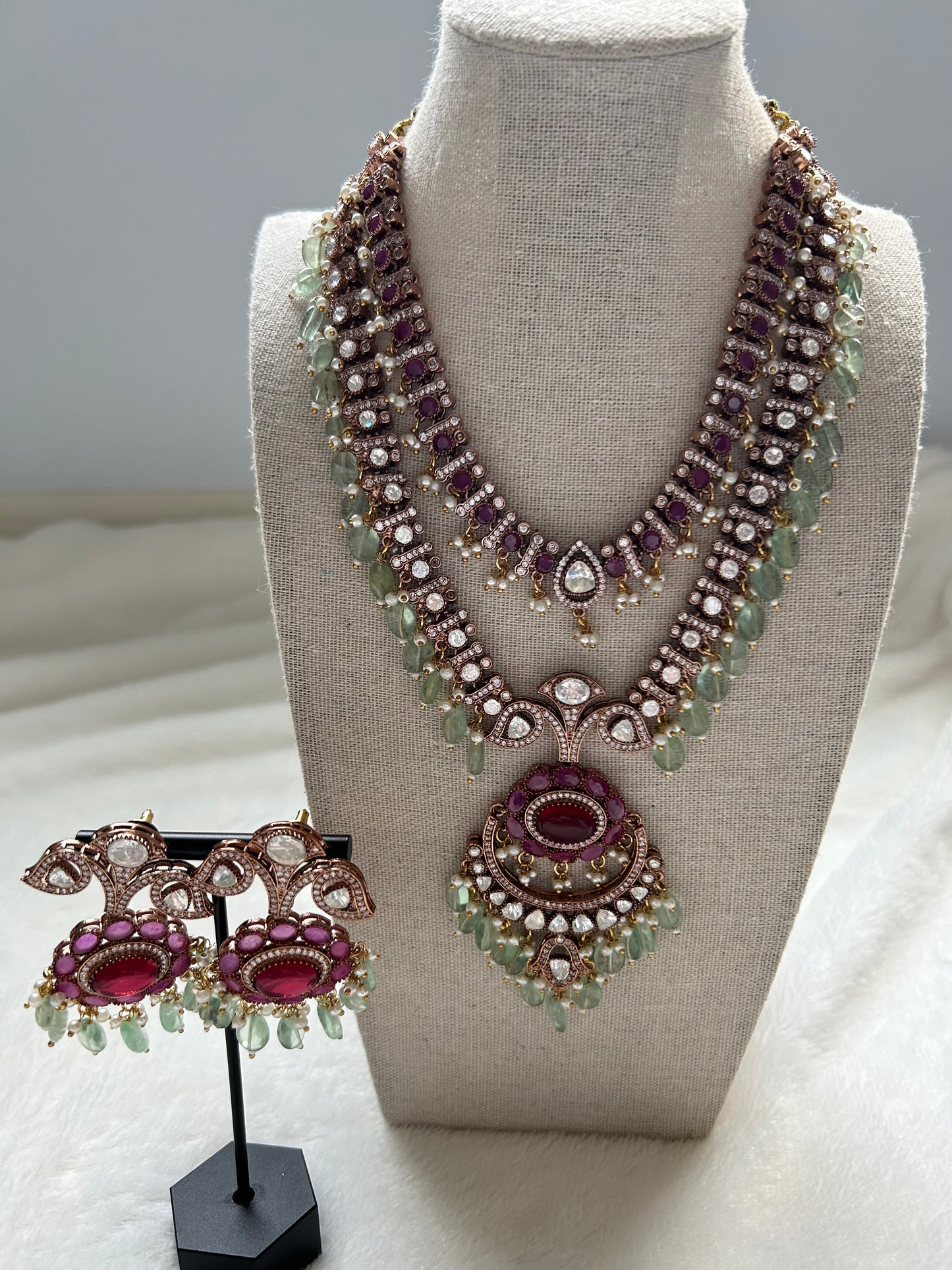Pink & Mint Double Layered Mossiante Kundan Necklace Set