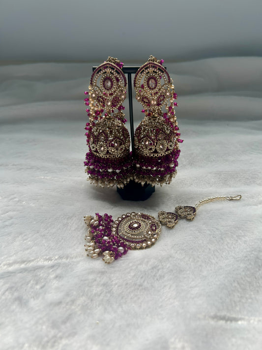 Dark Purple Polki Sahara Jhumki Tikka Set
