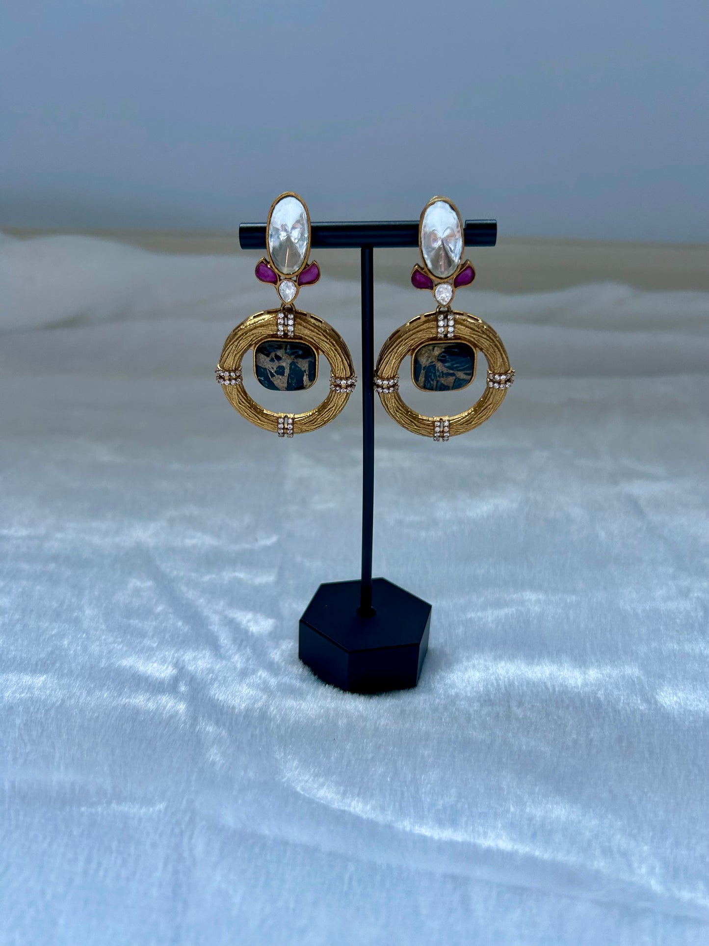 Black Marble Uncut Kundan Earrings