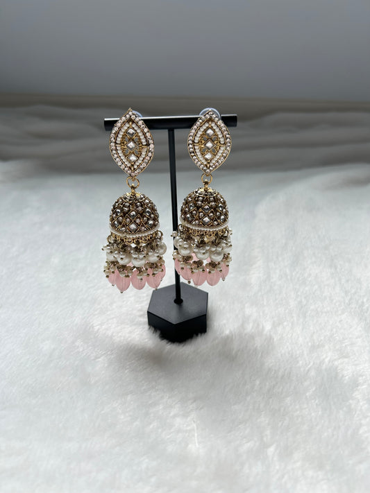 Pink Polki Jhumki Earrings