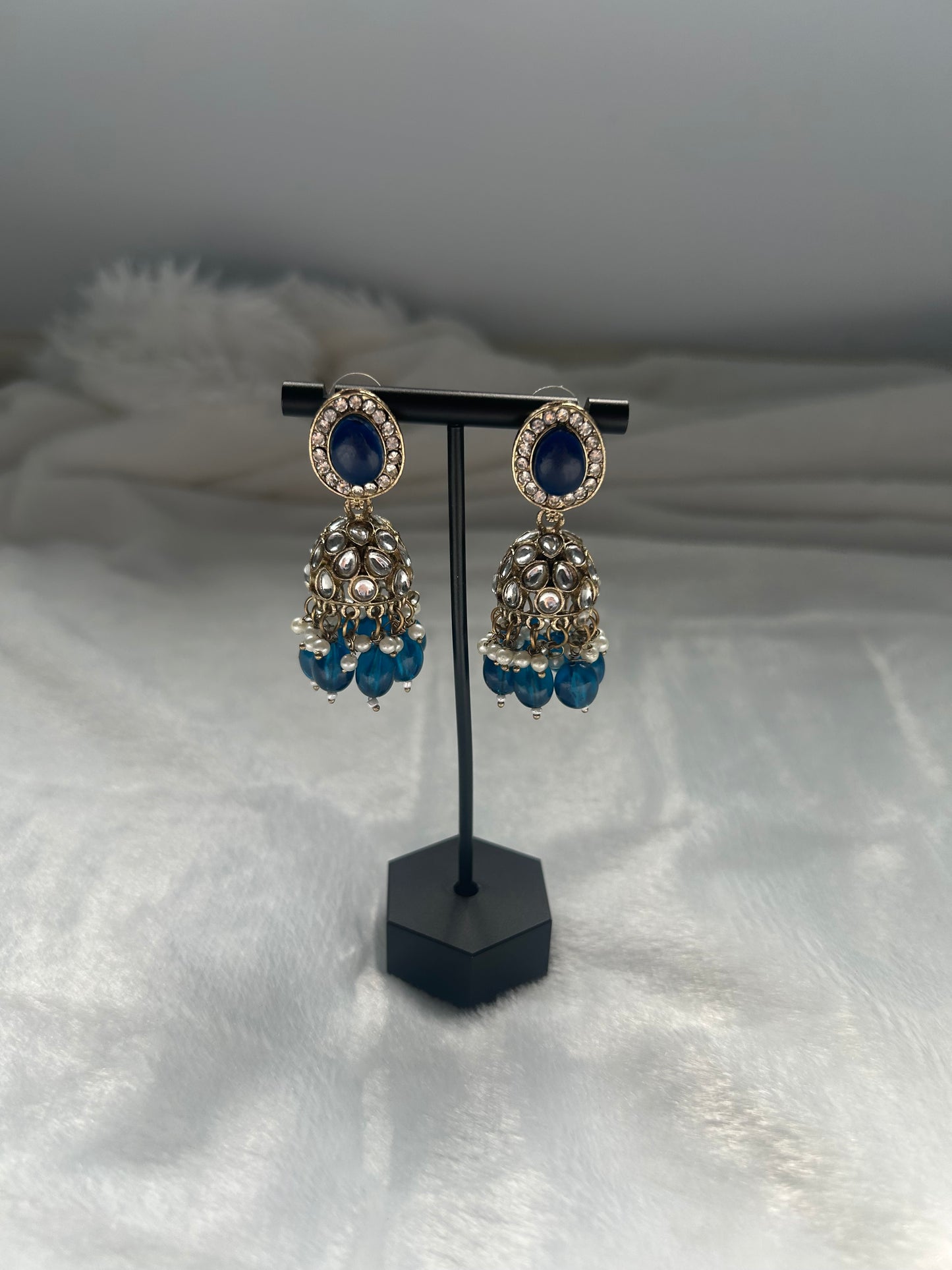 Dark Blue Kundan Jhumki Earrings
