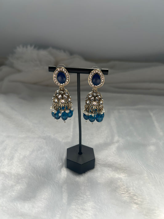 Dark Blue Kundan Jhumki Earrings