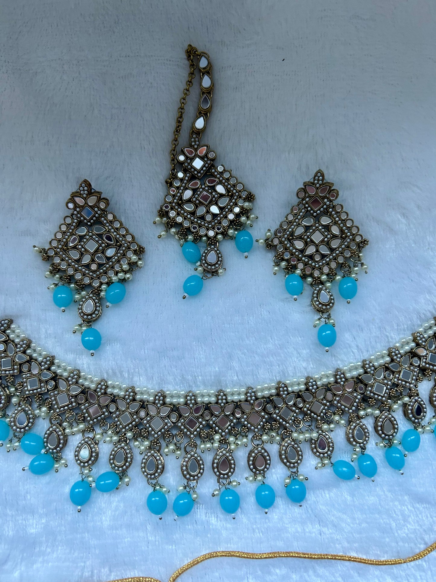 Baby Blue Mirror Choker Tikka Set