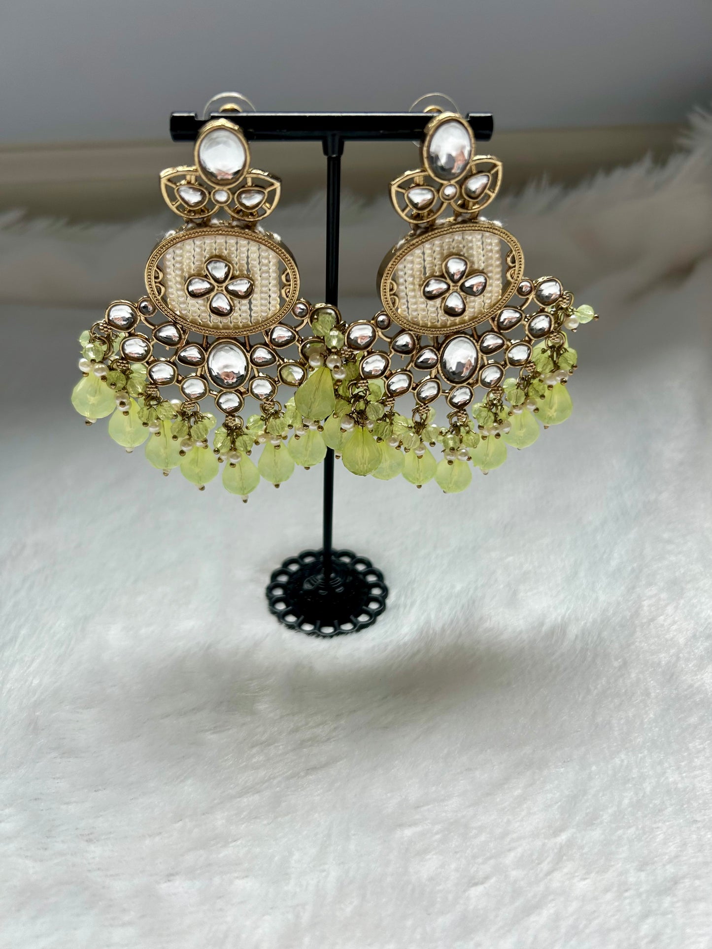 Light Green Beaded Kundan Earrings