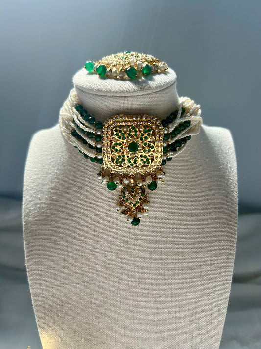 Emerald Green Jadau Kundan Choker Set