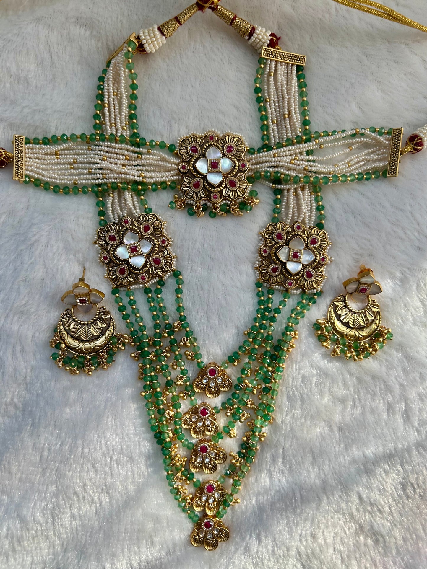 Rajwadi Work Green & Red Necklace Set