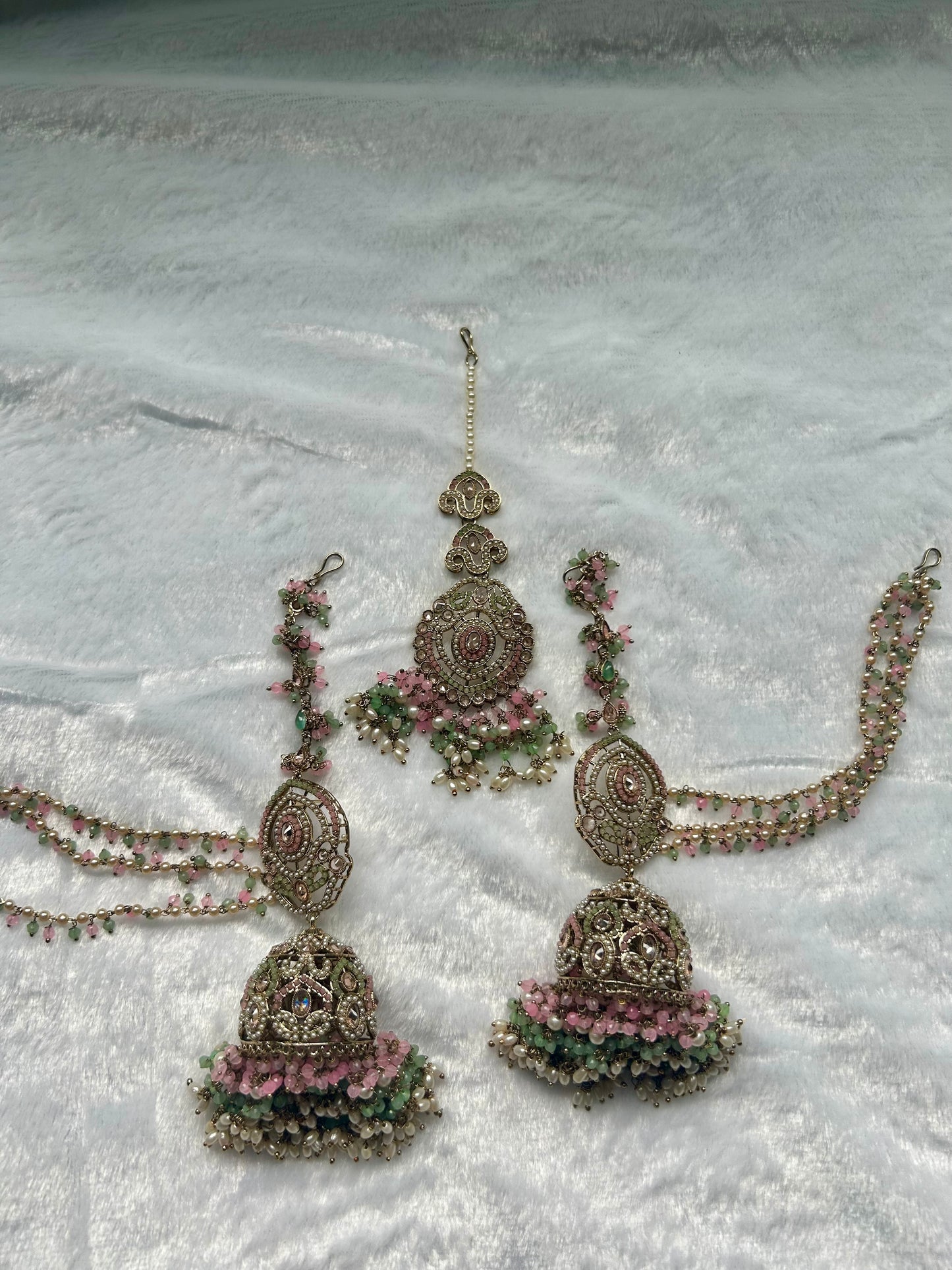 Mint & Pink Polki Sahara Jhumki Tikka Set