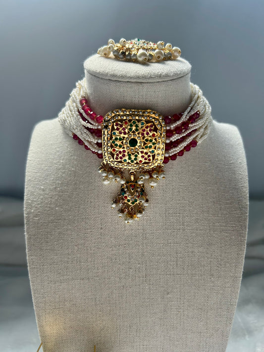 Red & Green Jadau Kundan Choker Set