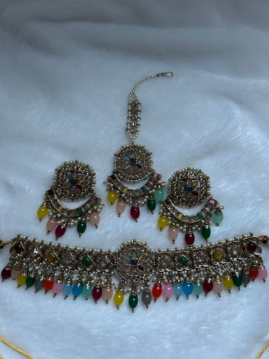 Multi Color Polki Choker Tikka Set