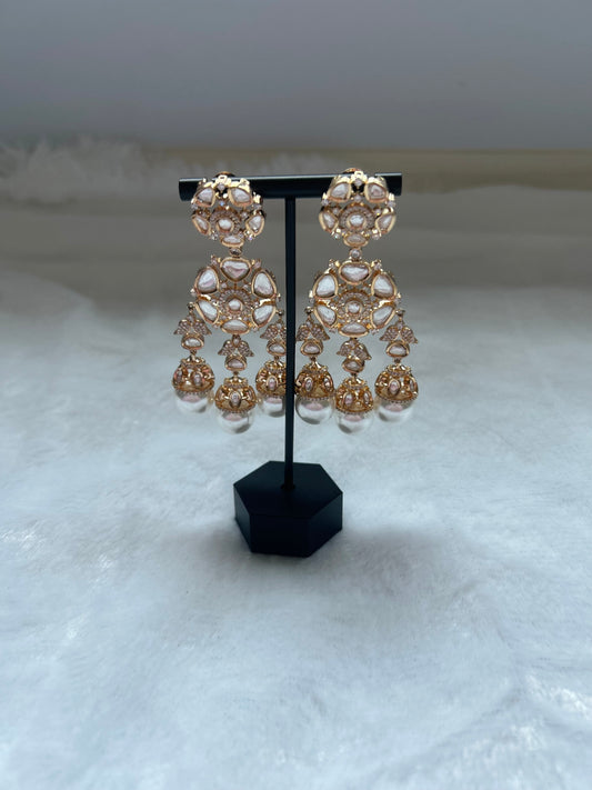 AD & Uncut Kundan 3 Pearl Drop Earrings