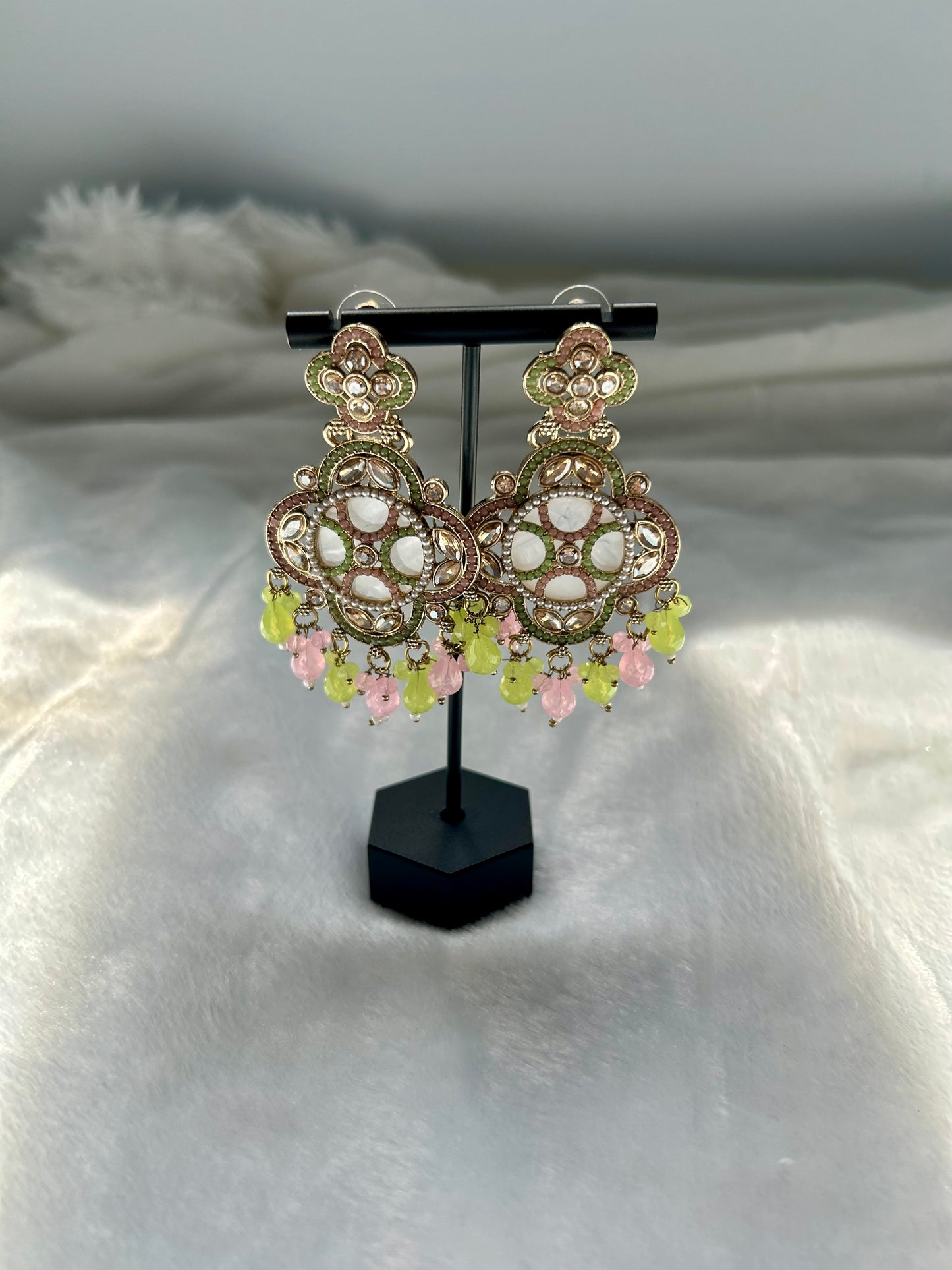 Light Pink & Green Polki Earrings