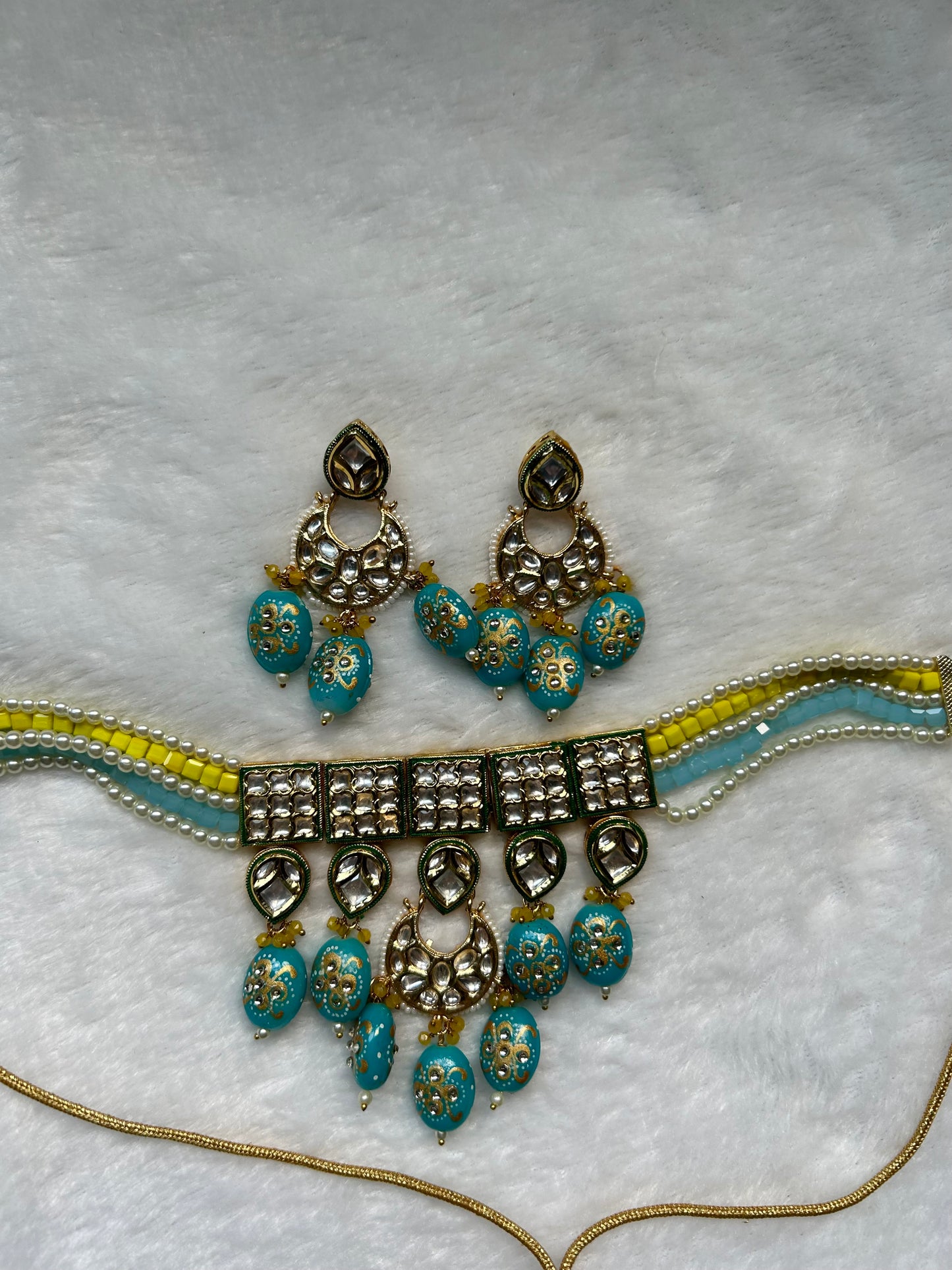 Blue and Yellow Kundan Choker Set