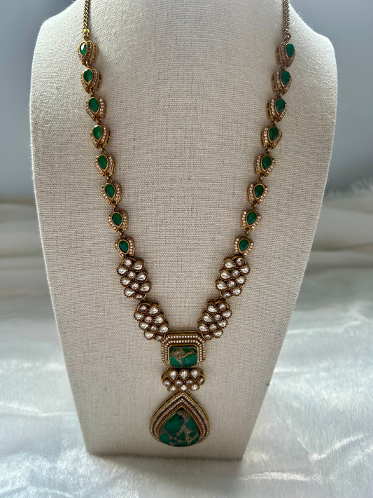 Green Moissanite Kundan Long Necklace Set