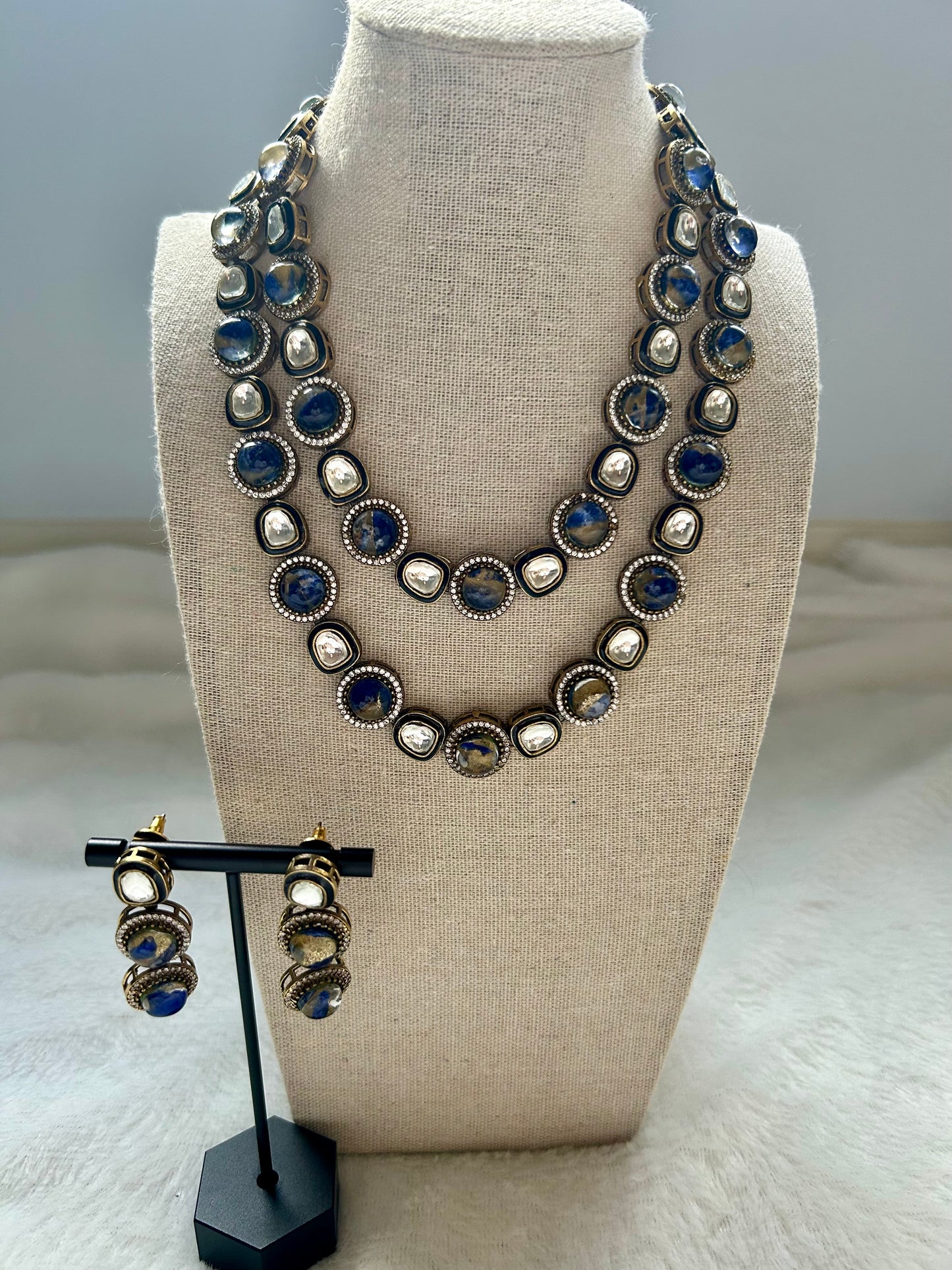 Dark Blue Marble Kundan Layered Set