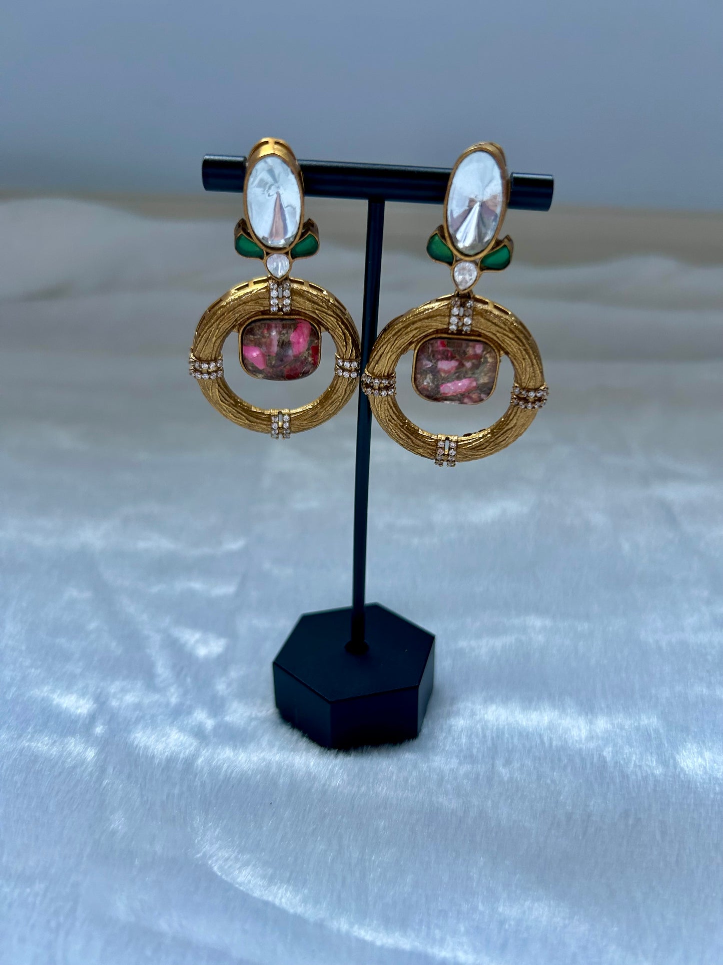 Pink Marble Uncut Kundan Earrings