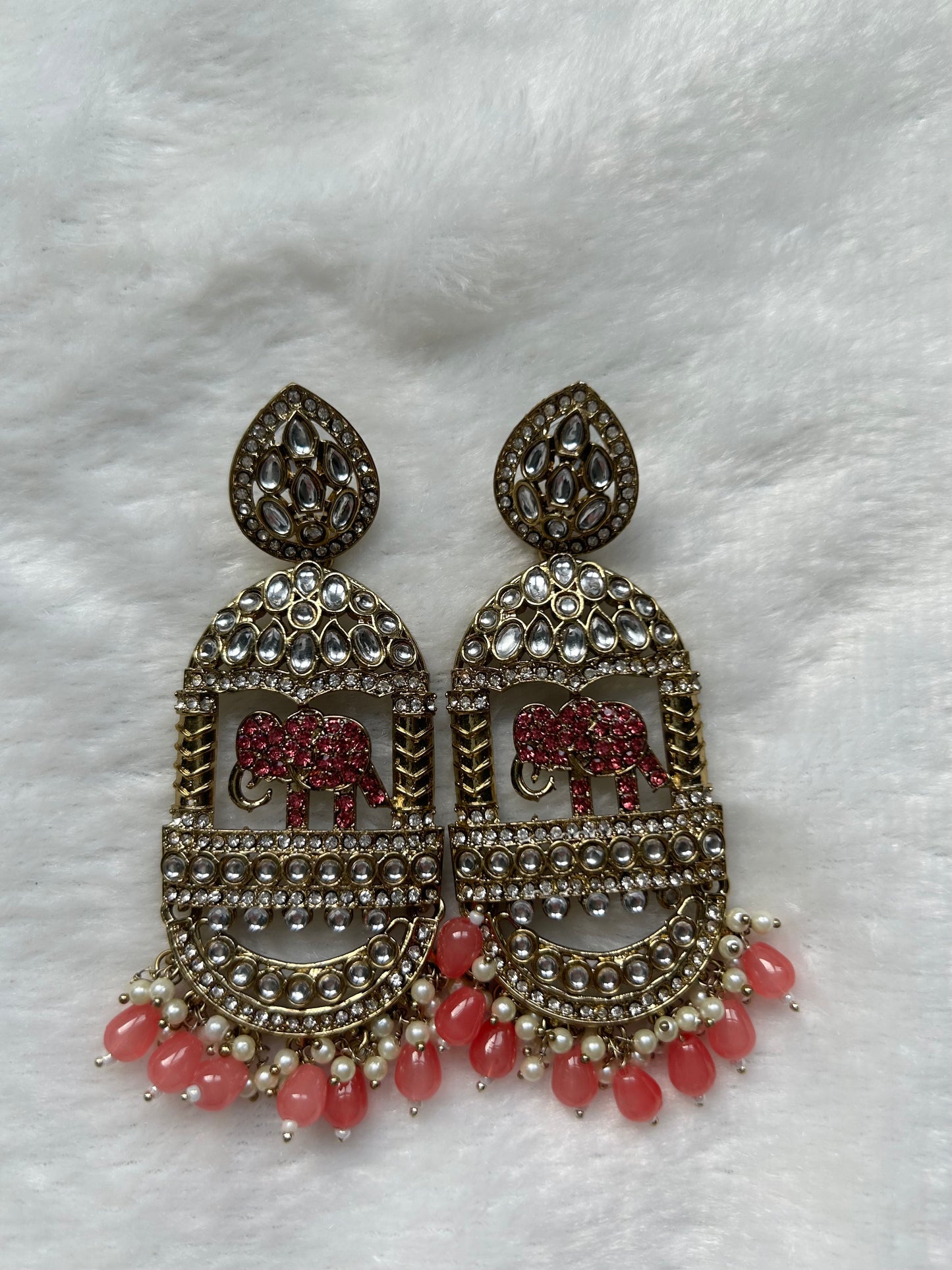 Oversized Orange Pink Elephant Kundan Earrings