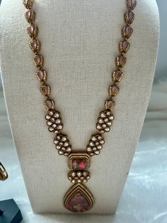 Pink Moissanite Kundan Long Necklace Set