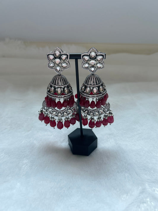 AD & Uncut Kundan Red Jhumki Earrings