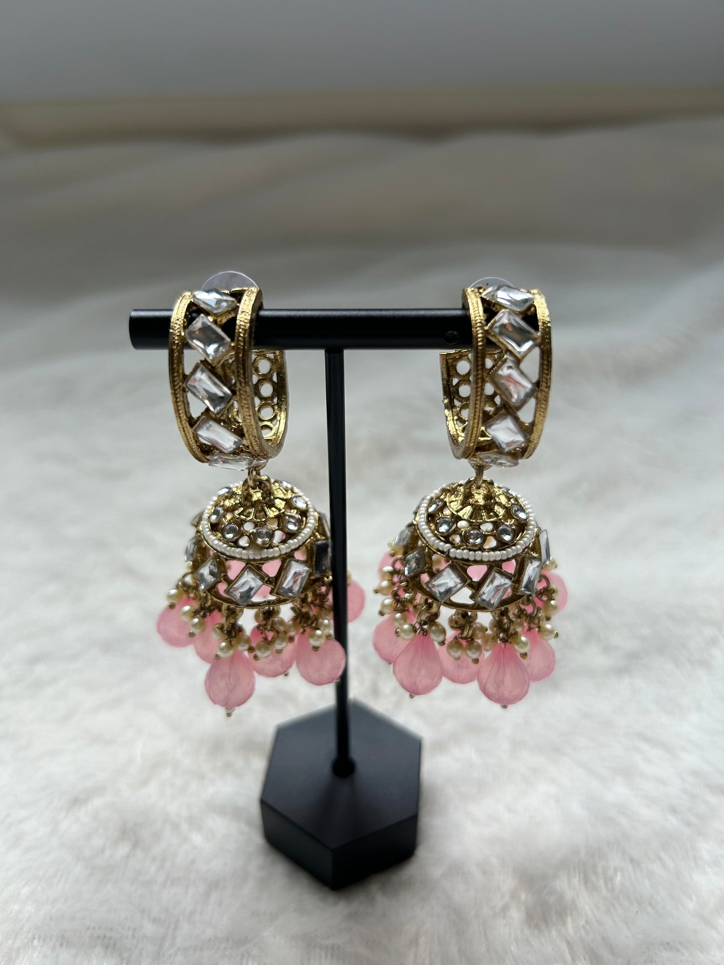 Pink Cuff Kundan Jhumka Earrings