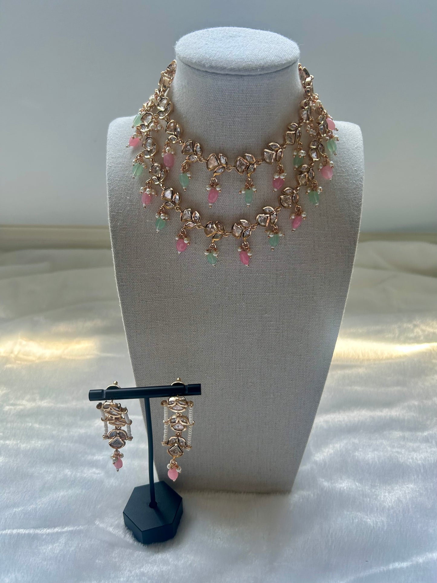 Tyaani Kundan Mint & Pink Two Layer Choker Set