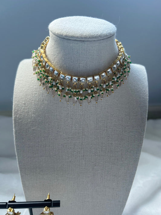 Emerald Green & Pink Pachi Kundan Necklace Set