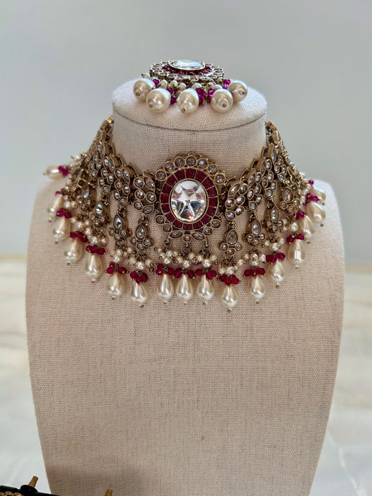 Dark Red/Pink Kundan Choker Tikka Set