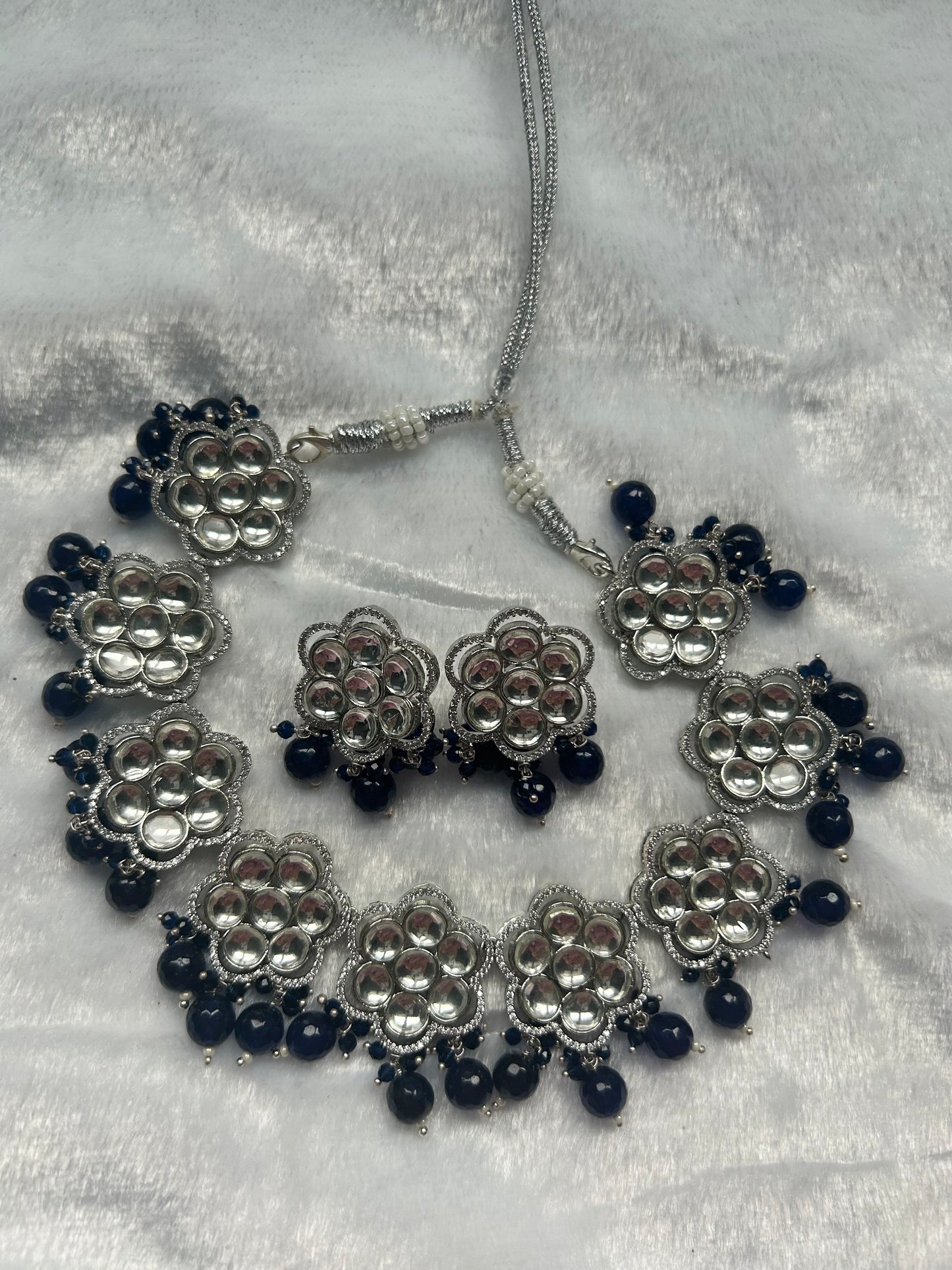 Navy Blue Uncut & AD Kundan Necklace Set