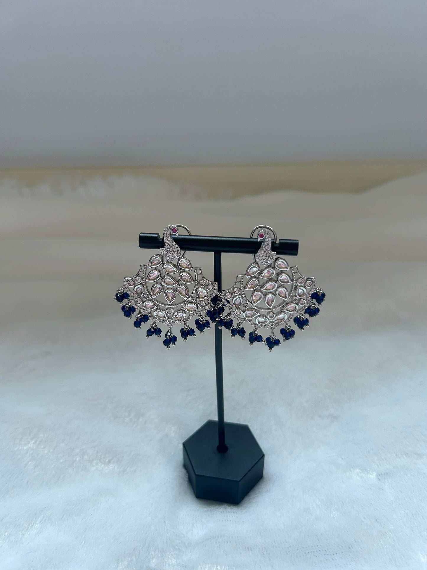 Dark Blue & Silver Uncut Kundan & AD Studs