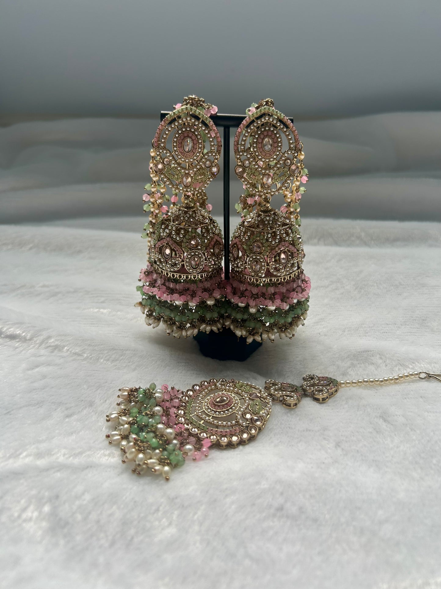 Mint & Pink Polki Sahara Jhumki Tikka Set