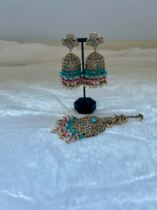 Pink & Blue Polki Tikka Set