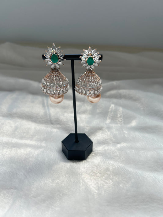 AD Emerald Green & Rose Gold Jhumki Earrings