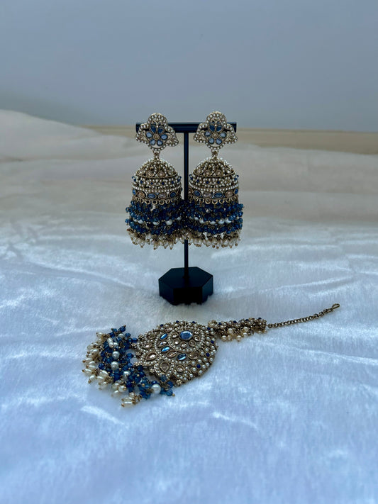 Grey Blue Polki Tikka Set