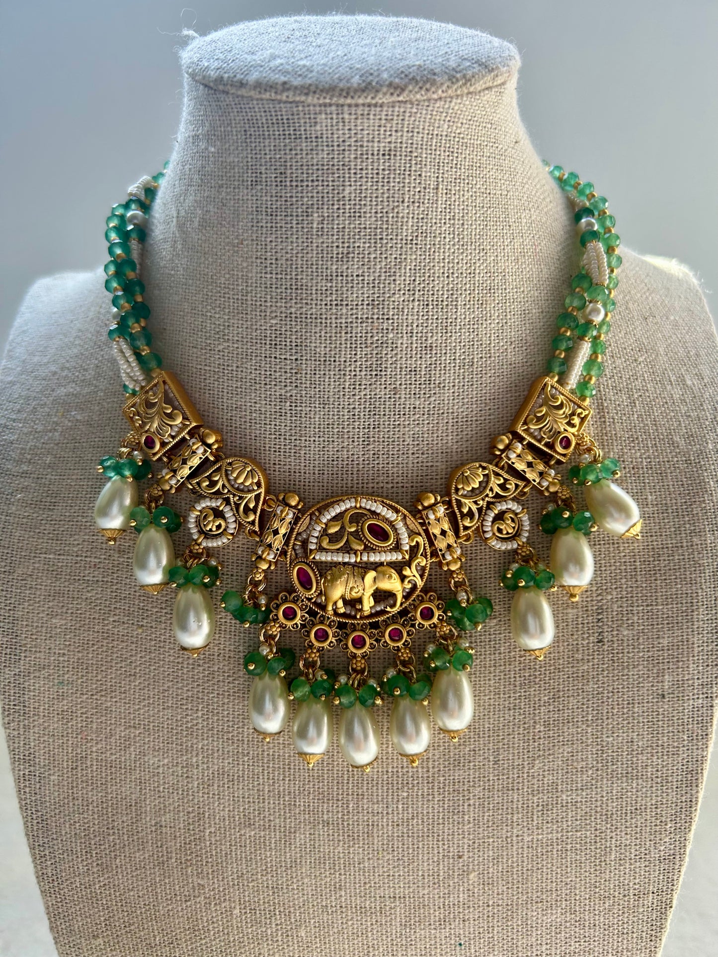 Rajwadi Work Green & Red Necklace Set