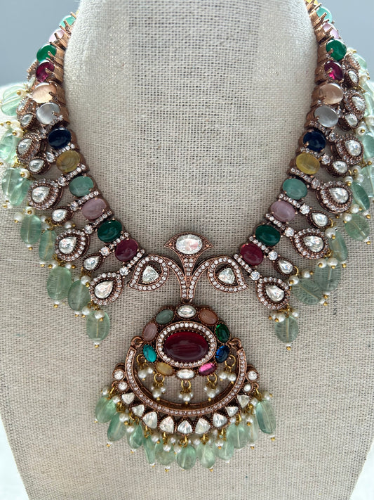 Pink & Mint Mossiante Kundan Necklace Set